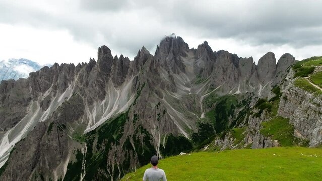 Aerial view Cadini di Misurina mountain group in Dolomites, Italy, part of Tre Cime di Levaredo national park and UNESCO world heritage site.