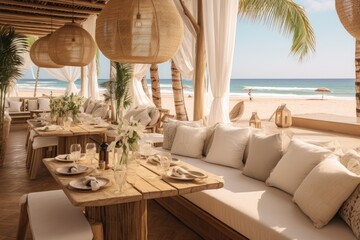 Fototapeta premium Bohemian beachside caf� in Marbella with a bright beige interior.