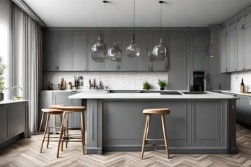 Grey kitchen interior with bar , Generative ai
