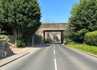 Whitechapel Road, with old trees, grass verges, and a stone bridge, with houses nearby in, Cleckheaton, UK