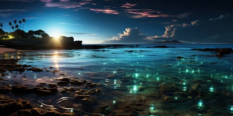 AI Generated. AI Generative. Night glowing light shine plankton sea ocean background. Marine nautical vacation island. Graphic Art