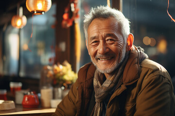 Obraz premium Portrait of a homeless old man with a smiling wrinkled face. Asian old homeless man is positive and cheerful.