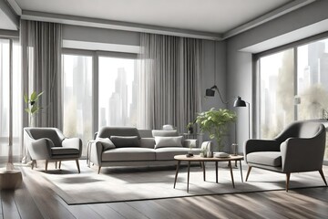 Grey living room interior with armchairs and couch near panoramic window , Generative ai