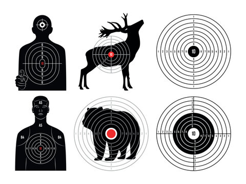 Set of targets in cartoon style. Vector illustration of different target circles for shots isolated on white background. Archery, pistol shooting. Sports training. Targets for shooting.