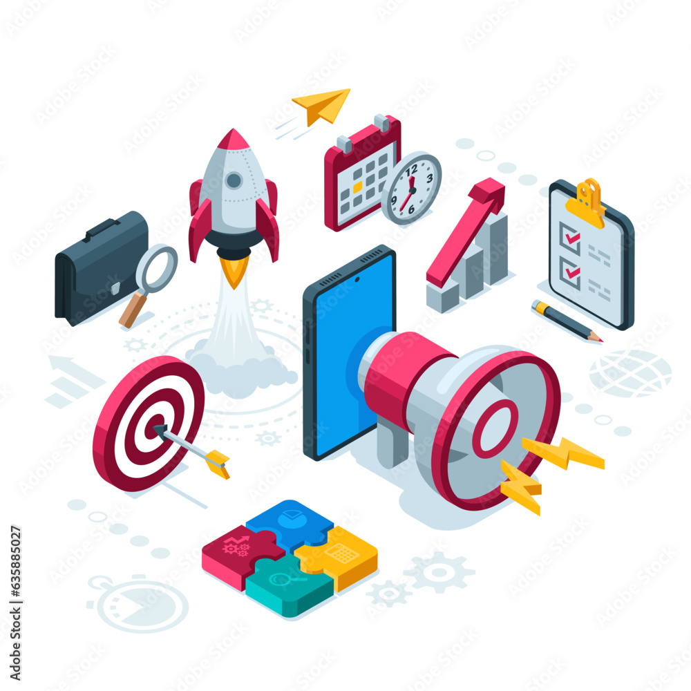 Poster isometric business concept with a loudspeaker and a smartphone in color on a white background, a set