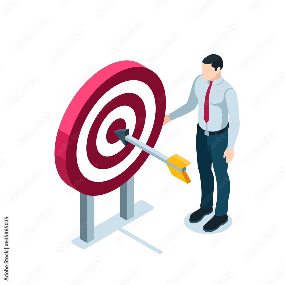Poster isometric man near the target with an arrow in color on a white background, hitting the target or re