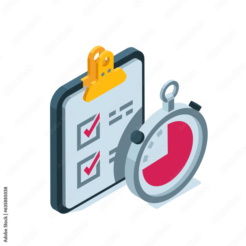 Poster isometric tablet with a checklist and checkmarks and a stopwatch in color on a white background, a b