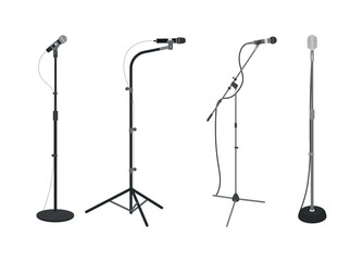 Set of microphone stands in cartoon style. Vector illustration of various microphone tripods and round stands with wire isolated on white. Black and vintage microphones for singers and performers.