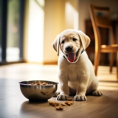 A happy Labrador retriever puppy eagerly eating its kibble from a bowl - obrazy, fototapety, plakaty