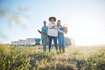 Farmer team, women and together on a farm for inspection, production and quality control. Farming,...