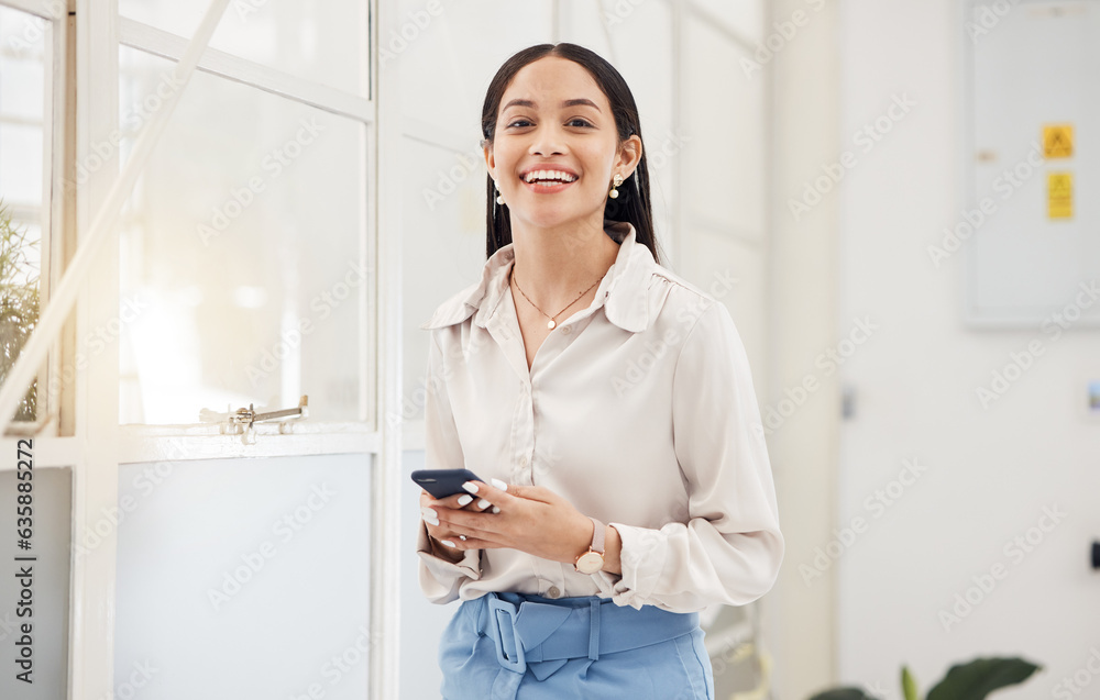 Poster happy woman, portrait and typing on smartphone in office for social media, networking and mobile con