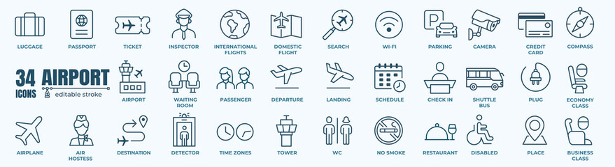 Airport icon vector line set. Contains linear outline icons like Plane, Ticket, Baggage, Seat, Wifi, Bag, Departure, Terminal, Passport, Transport, Luggage, and Airplane. Editable stroke - obrazy, fototapety, plakaty