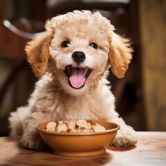 A happy poodle puppy eagerly eating its kibble from a bowl - obrazy, fototapety, plakaty