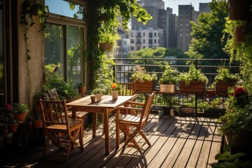 Fototapeta premium There are tables, chairs, and greenery on the sunny balcony.