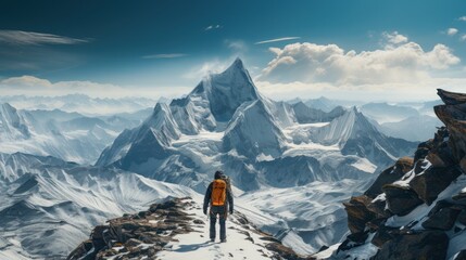 A majestic mountain range reaching up to the skies, snow - capped peaks and icy glaciers, a lone mountaineer ascending towards the summit - obrazy, fototapety, plakaty