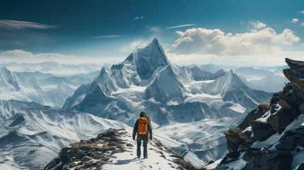 Foto op Plexiglas anti-reflex A majestic mountain range reaching up to the skies, snow - capped peaks and icy glaciers, a lone mountaineer ascending towards the summit © Dushan