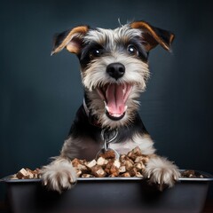 A happy small terrier mix licking its lips as it savors a mouthful of wet food - obrazy, fototapety, plakaty