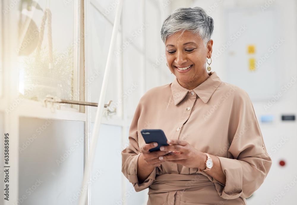 Poster senior woman, phone text and networking in a office with a smile and mobile planning for digital wor
