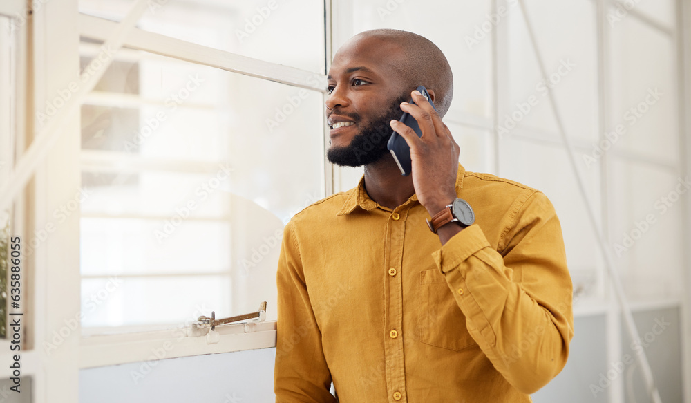 Poster business, happy black man and thinking with phone call communication in office for feedback on mobil