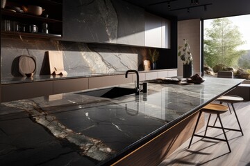 Top choices for kitchen and bathroom surfaces with quartz, marble slabs and 3D render.
