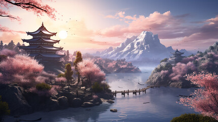 beautiful japanese lake scenery in the mountains at sunset. Generative Ai.  - obrazy, fototapety, plakaty