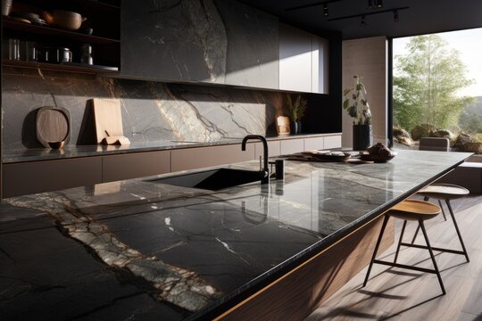 Top Choices For Kitchen And Bathroom Surfaces With Quartz, Marble Slabs And 3D Render.