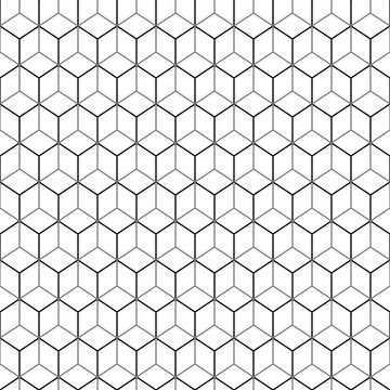 Repeated color interlocking polygons tessellation on grey background. Seamless surface pattern design with regular hexagons. Hexagonal grid motif. Black three pronged blocks. Honeycomb wallpaper.