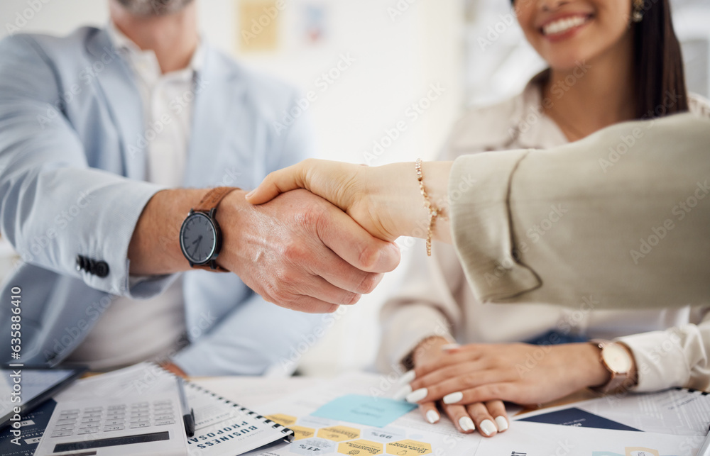 Canvas Prints Business people, handshake and meeting in teamwork, hiring or partnership together at office. Closeup of employees shaking hands in team agreement, b2b deal or thank you in recruiting at workplace