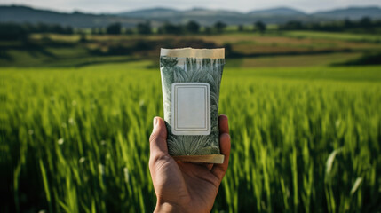 hand holding package of rice in rice filed