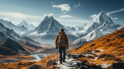 A majestic mountain range reaching up to the skies, snow - capped peaks and icy glaciers, a lone mountaineer ascending towards the summit - Powered by Adobe