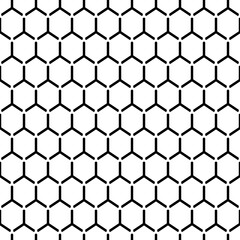 Repeated white interlocking regular hexagons tessellation background. Seamless surface pattern design with bee combs. Hexagonal grid motif. Honeycomb wallpaper. Black three pronged blocks. Vector.