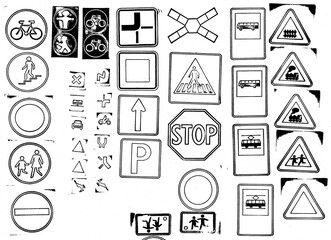 Set Bundle of DDR GDR Stamps Traffic Sign Symbols Dingbats Icons Stop Cars Kids Warning Elements City Bus Bicycle Lights Arrows Parking Rail DIY by Typo Graphic Design