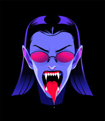 Angry cartoon vampire girl with sharp teeth. Vector illustration isolated on black background.