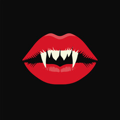 Female vampire mouth with teeth on a black background. Vector illustration.