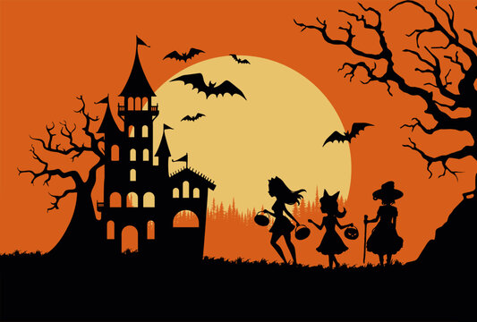 Halloween background with castle, witch and bats. Vector illustration.
