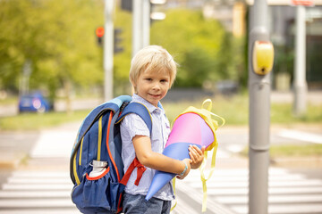 Cute blond child, boy with candy cone on first school day in Czech Republic, German tradition