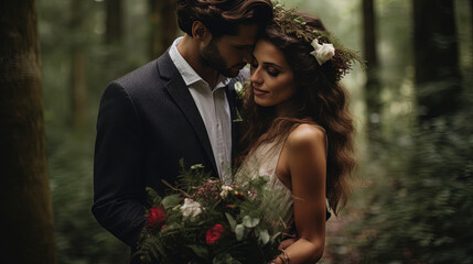Sensual portrait of bride and groom in the forest. 