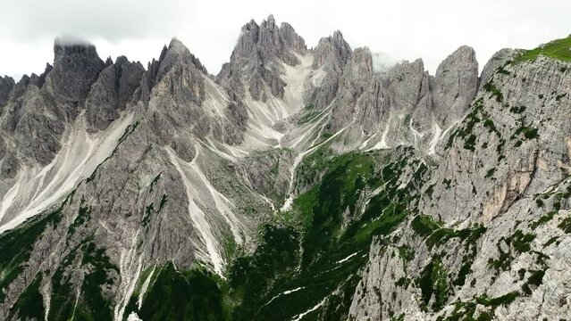 Aerial view Cadini di Misurina mountain group in Dolomites, Italy, part of Tre Cime di Levaredo national park and UNESCO world heritage site.