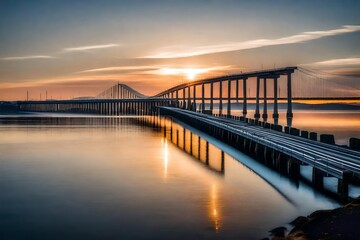 Fototapeta na wymiar Long exposure of Infinite Bridge and Aarhus Bay at sunrise , Generative ai