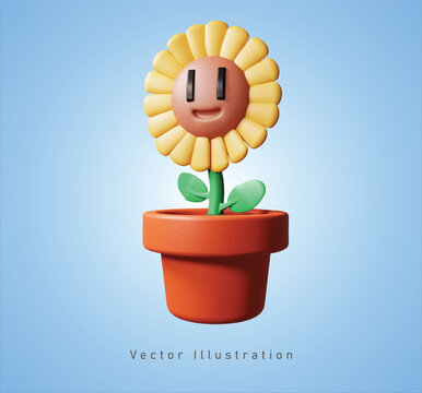 cute sunflower in the pot with 3d vector illustration