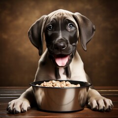 A happy Great Dane dog puppy eagerly eating its kibble from a bowl - obrazy, fototapety, plakaty