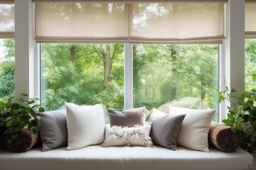 Automatic beige roller blinds on big glass windows with remote control, accompanied by pillows above the windowsill. Summer scenery includes green trees outside.