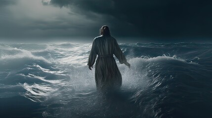 Jesus Christ walking on  water. Thunderstorm with huge  waves
 - obrazy, fototapety, plakaty
