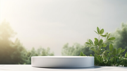 Fototapeta na wymiar 3d luxury white podium with blue nature background for your luxury product.Generative AI
