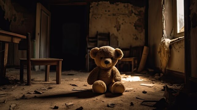 Teddy bear toy sitting alone on the floor in a room of an old abandoned house. Dramatic scary background, copy space for text, darkness horror concept. generate ai