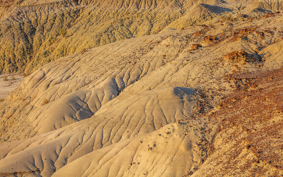 Close-up of eroded hills in the badlands of the UNESCO World Heritage Site of Dinosaur Provincial Park, Alberta Canada
