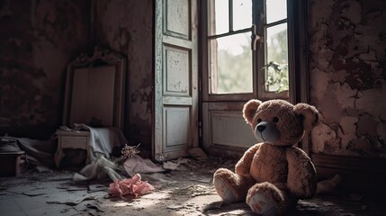 Teddy bear in an abandoned building. Destruction after the fighting.generate ai