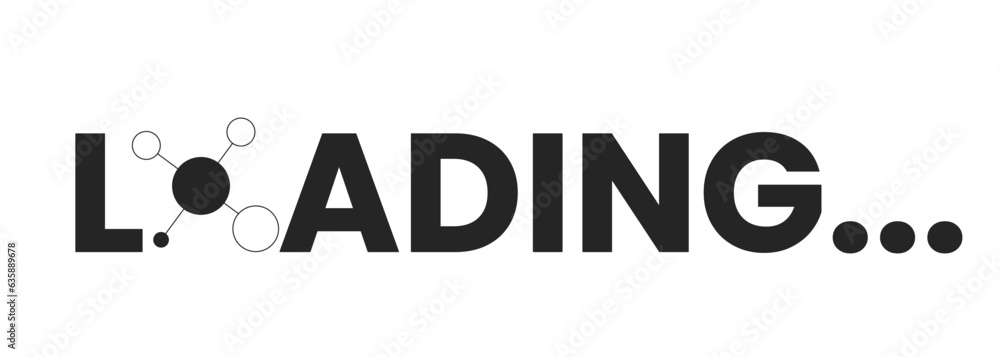 Poster molecule monochrome loading text. atoms bonded together. web loader ui flat design. black and white 