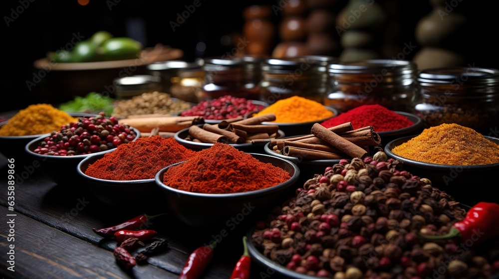 Poster a table topped with bowls filled with different types of spices. generative ai