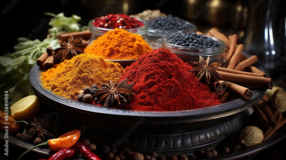 Poster a plate of spices and spices on a table with other spices. generative ai